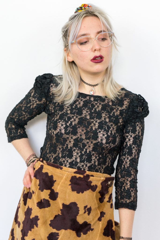 vintage 90s puffed shoulder see through lace shirt