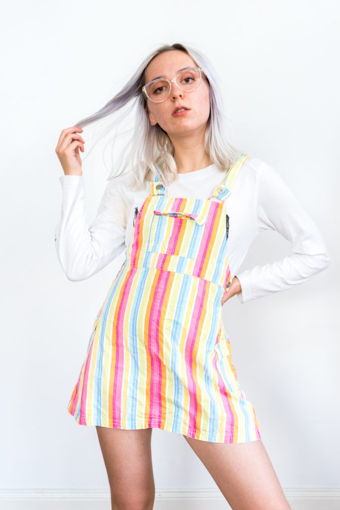 pastel striped soft vintage 90s dungaree pinafore dress