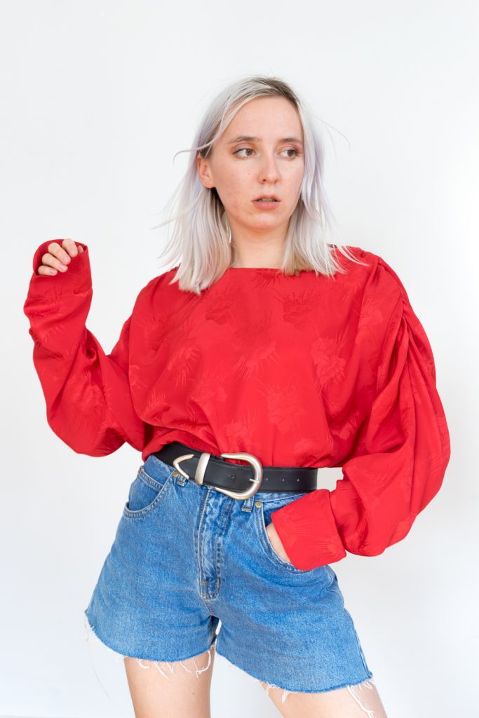 red roses elegant vintage 80s puffed sleeves blouse