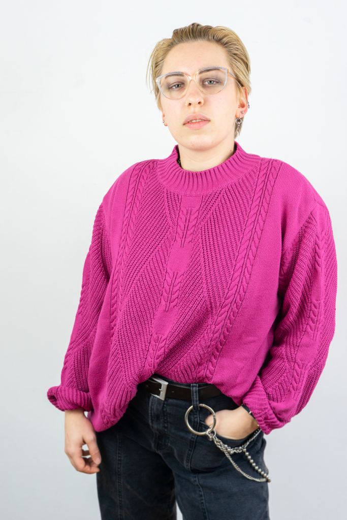 vintage 80s comfy cable knit pink mock neck sweater turtleneck