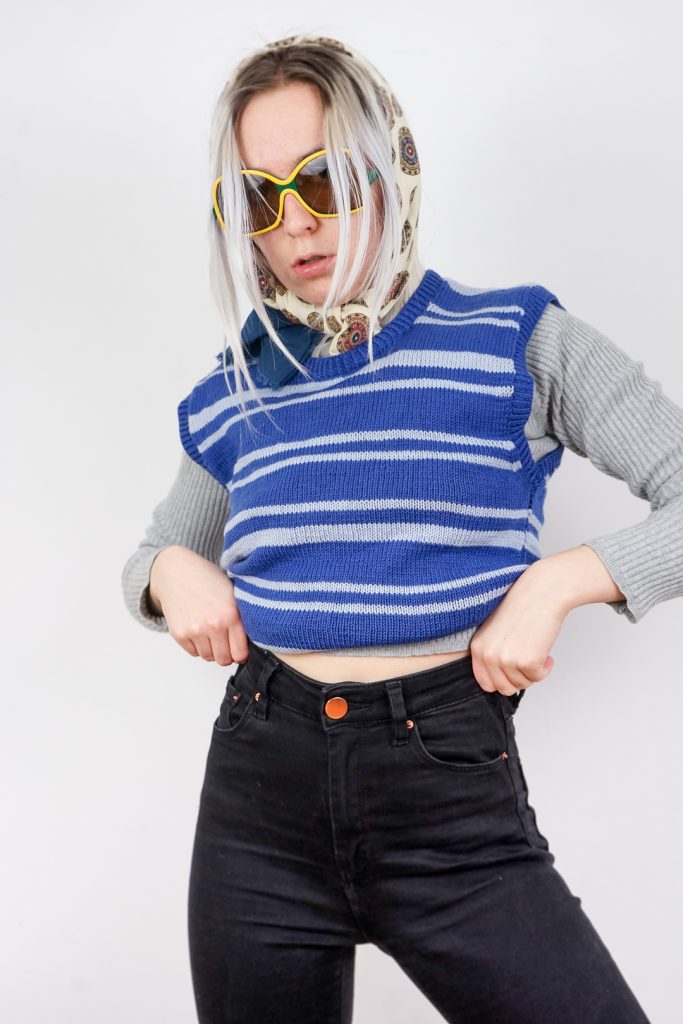 grungy deep blue striped vintage 70s sweater vest