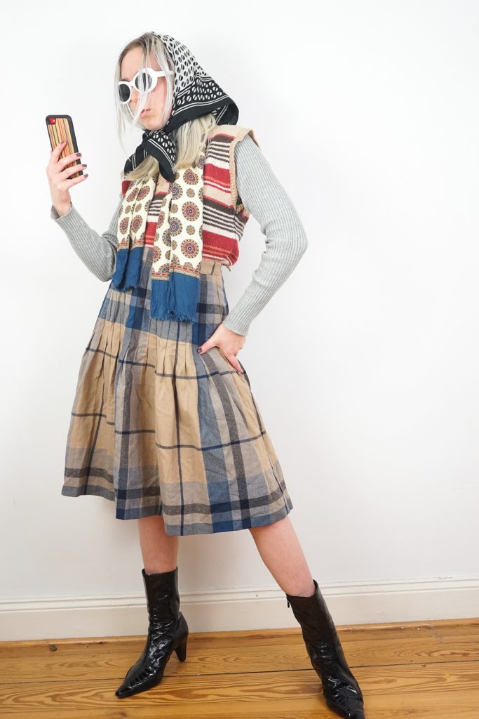 high end beige plaid vintage 60s high rise skirt