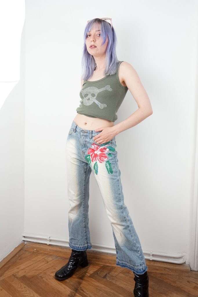vintage 90s Fishbone floral wash flared jeans - S