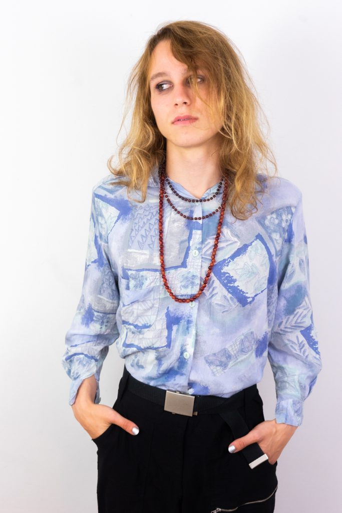 colorful structured blue vintage 80s viscose art shirt