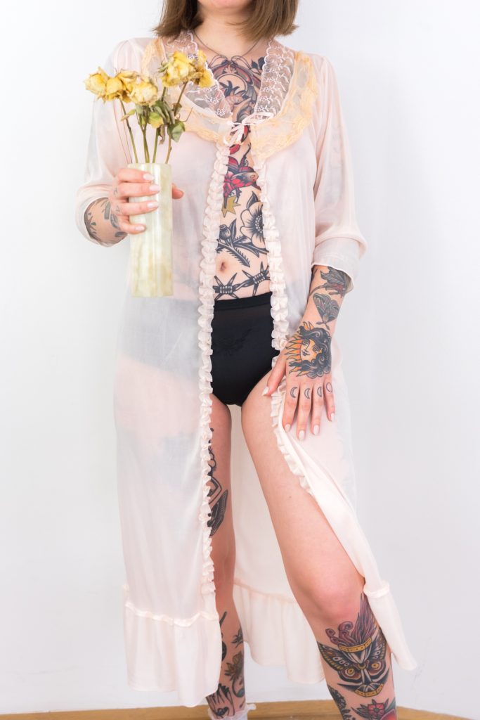 draped rare vintage 1960s soft peach peignoir