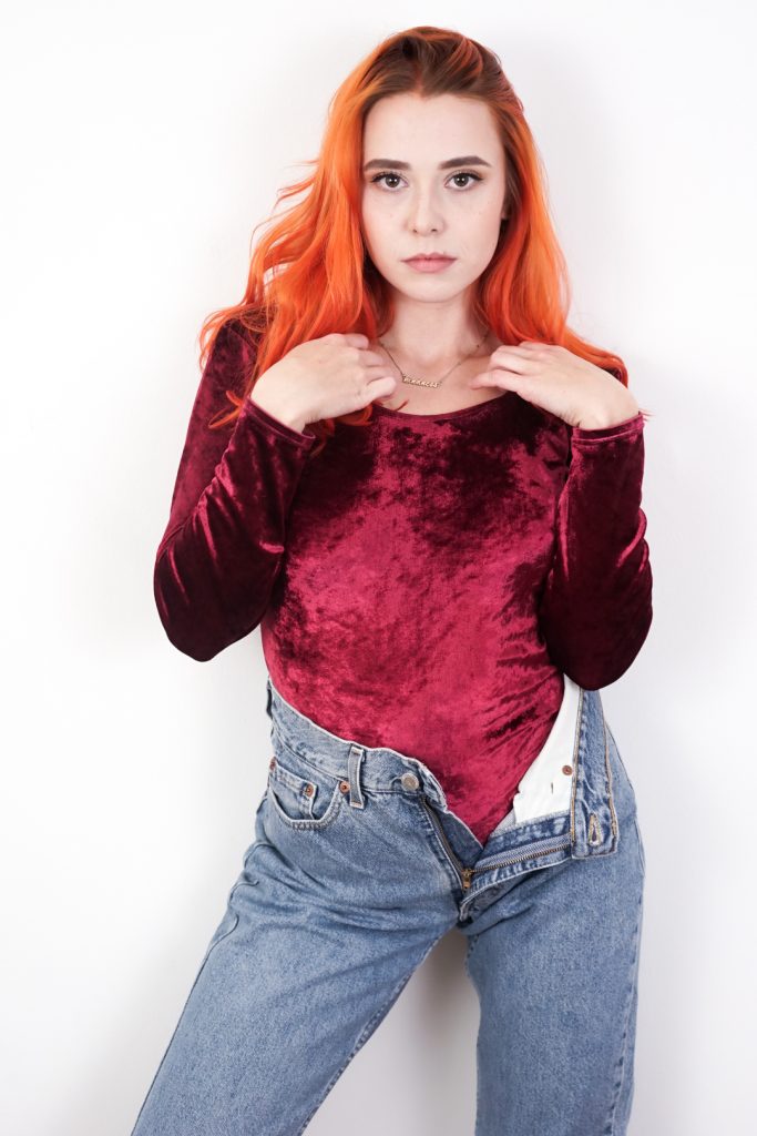 super soft elegant vintage 80s red velvet longsleeve bodysuit