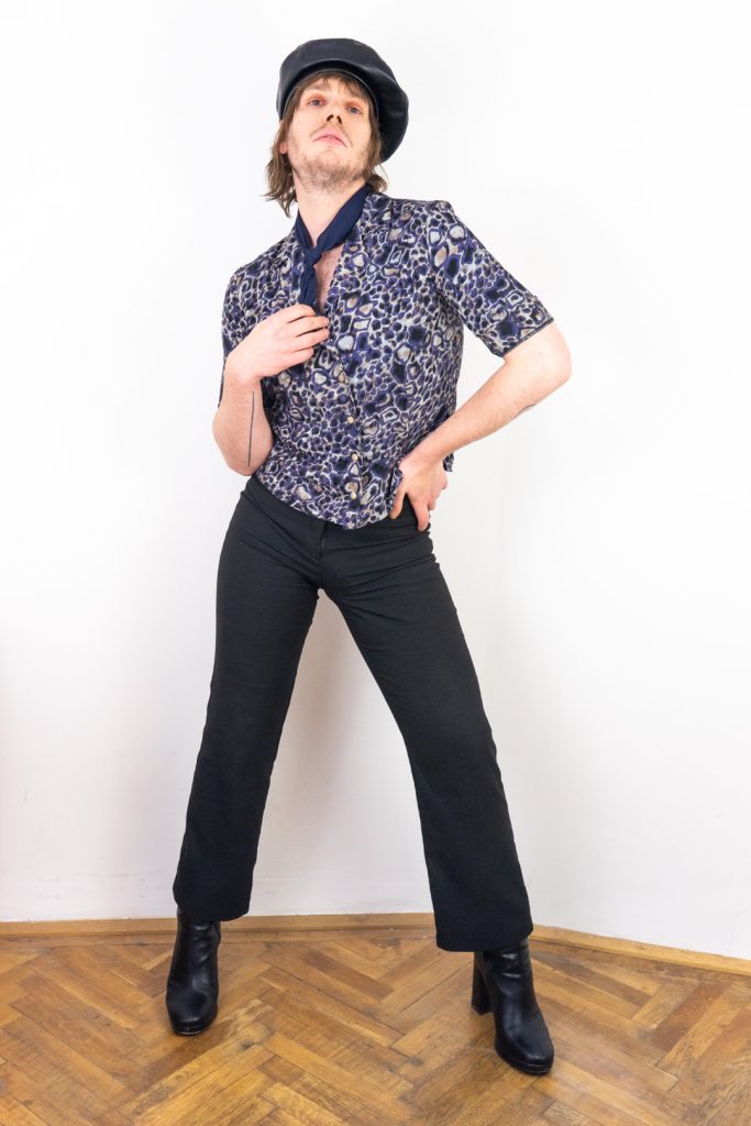 funky vintage 80s vibrant blue handmade leopard button-up shirt