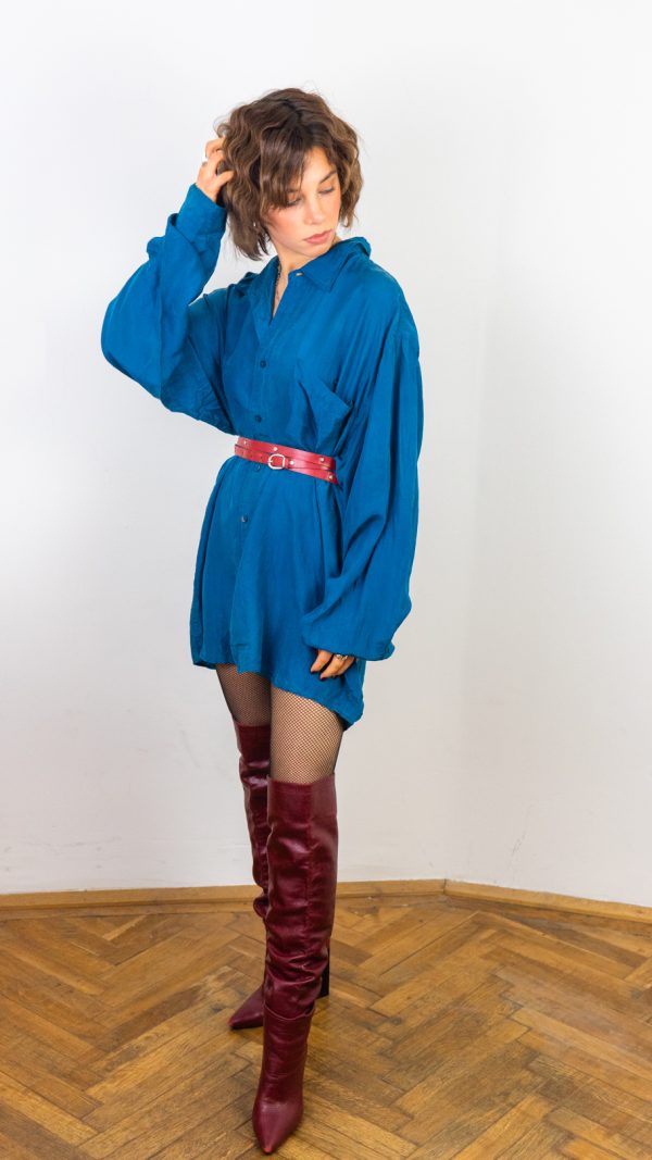 vintage 80s boxy unisex real silk petrol button-up shirt