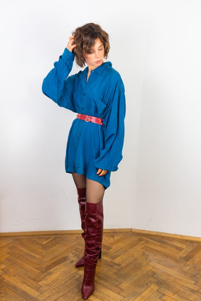 vintage 80s boxy unisex real silk petrol button-up shirt