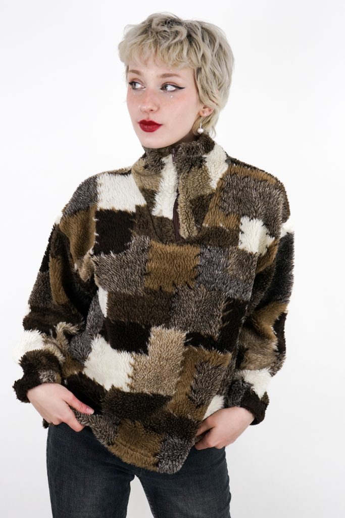funky vintage 90s half-zip muted patchwork fleece sweater