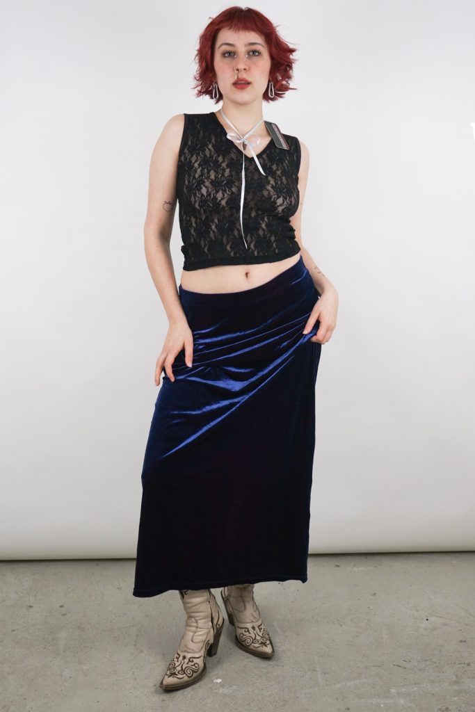 witchy vintage 90s iridescent blue and red velvet maxi skirt