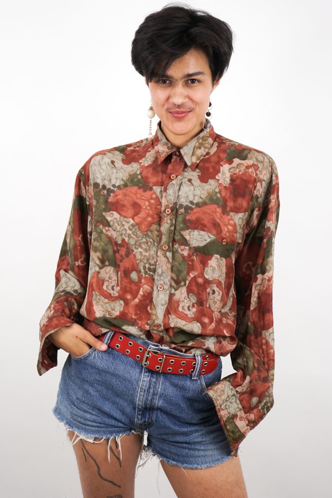 flowing vintage earthy colored unisex silk button-up shirt